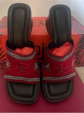 Vintage Slides Embroidered on a Bandanna style look . Wooden heals .